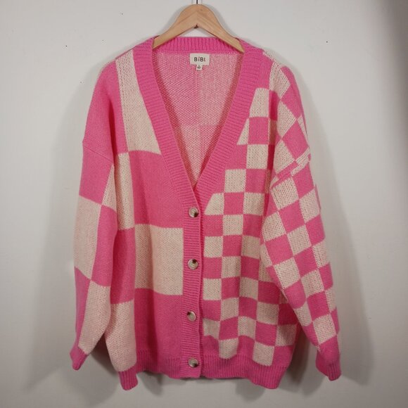 BIBI Pink & Ivory Mixed Checkered Oversized Cardigan Sweater Size LRG, Cozy Chic - Picture 5 of 16
